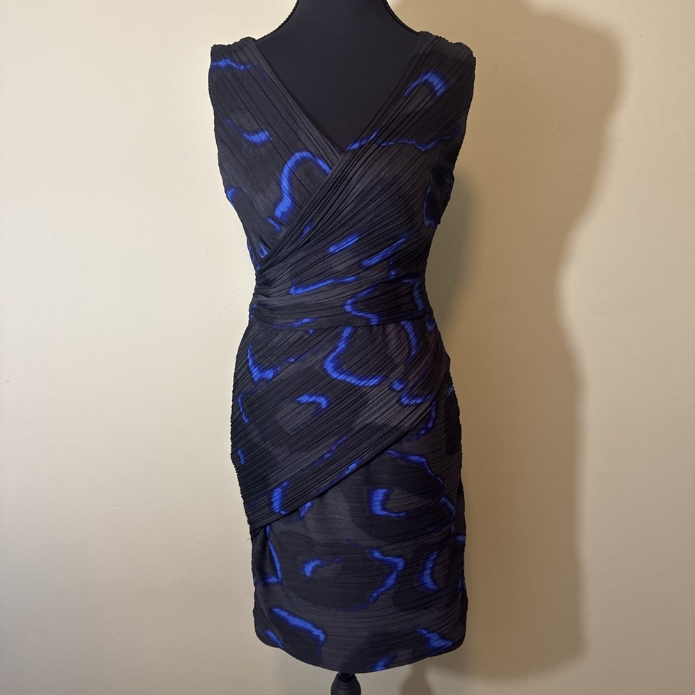Halston Heritage Dress Womens Bodycon Black Blue Pleated Sleeveless Lined Size 6